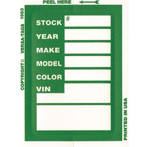 Car Dealer Depot Versa-Tag Kleer-Bak Stock Stickers, 3" X 4", 100 Per Box: Green Pk 423-G - main